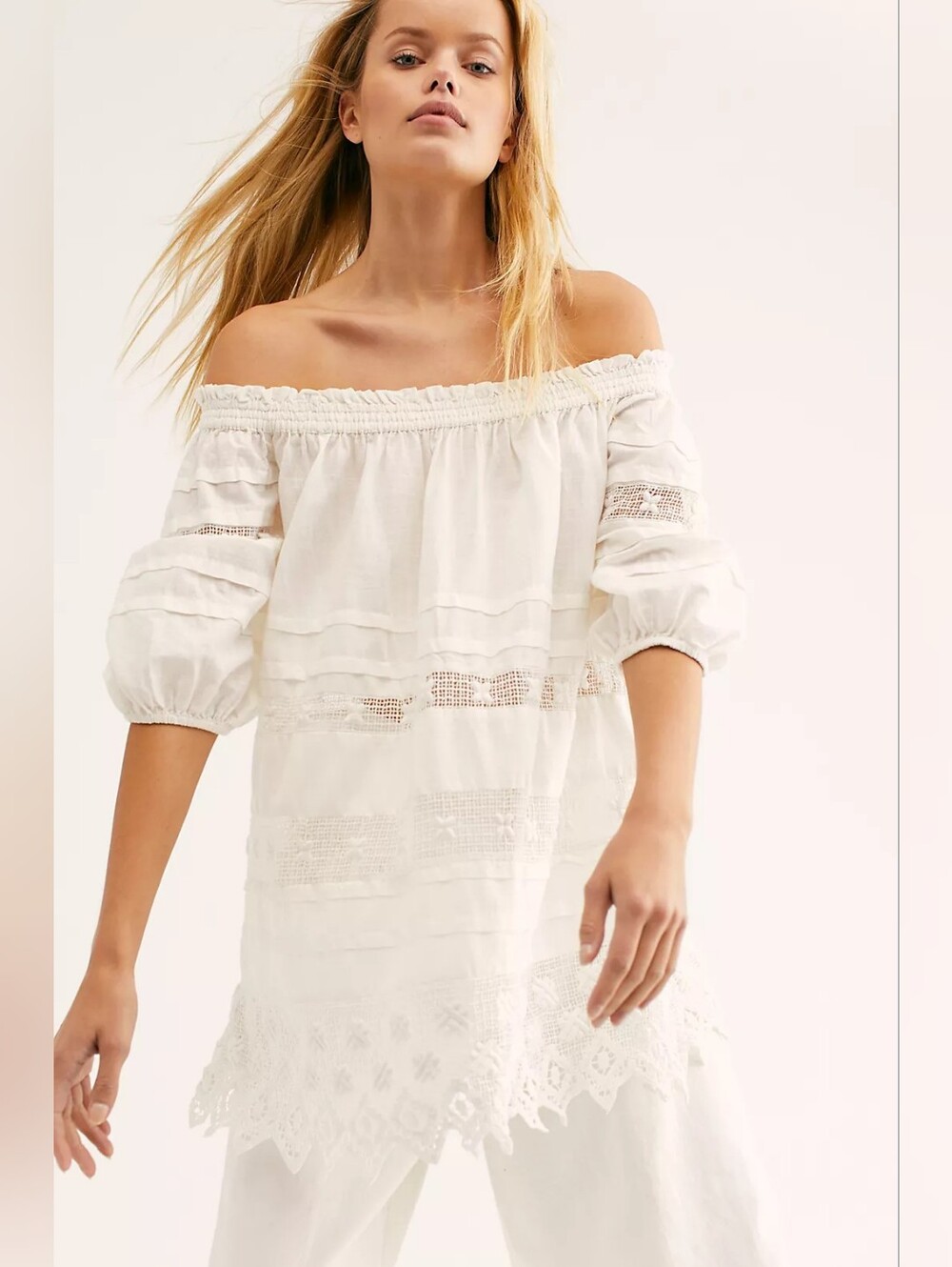 Free People Sounds Of Summer White Embroidered Lace Tunic Mini Dress Size XS
